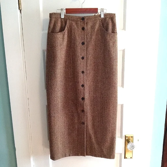 VTG 90s JCrew button-down Herringbone wool brown tweed skirt - m - Picture 6 of 6
